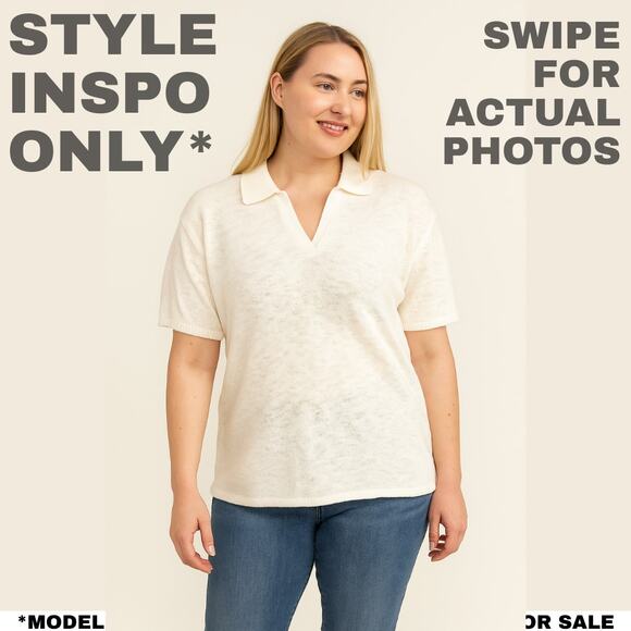 Rafaella Large Cream Knit See-through Polo Top [0217] - Picture 3 of 7